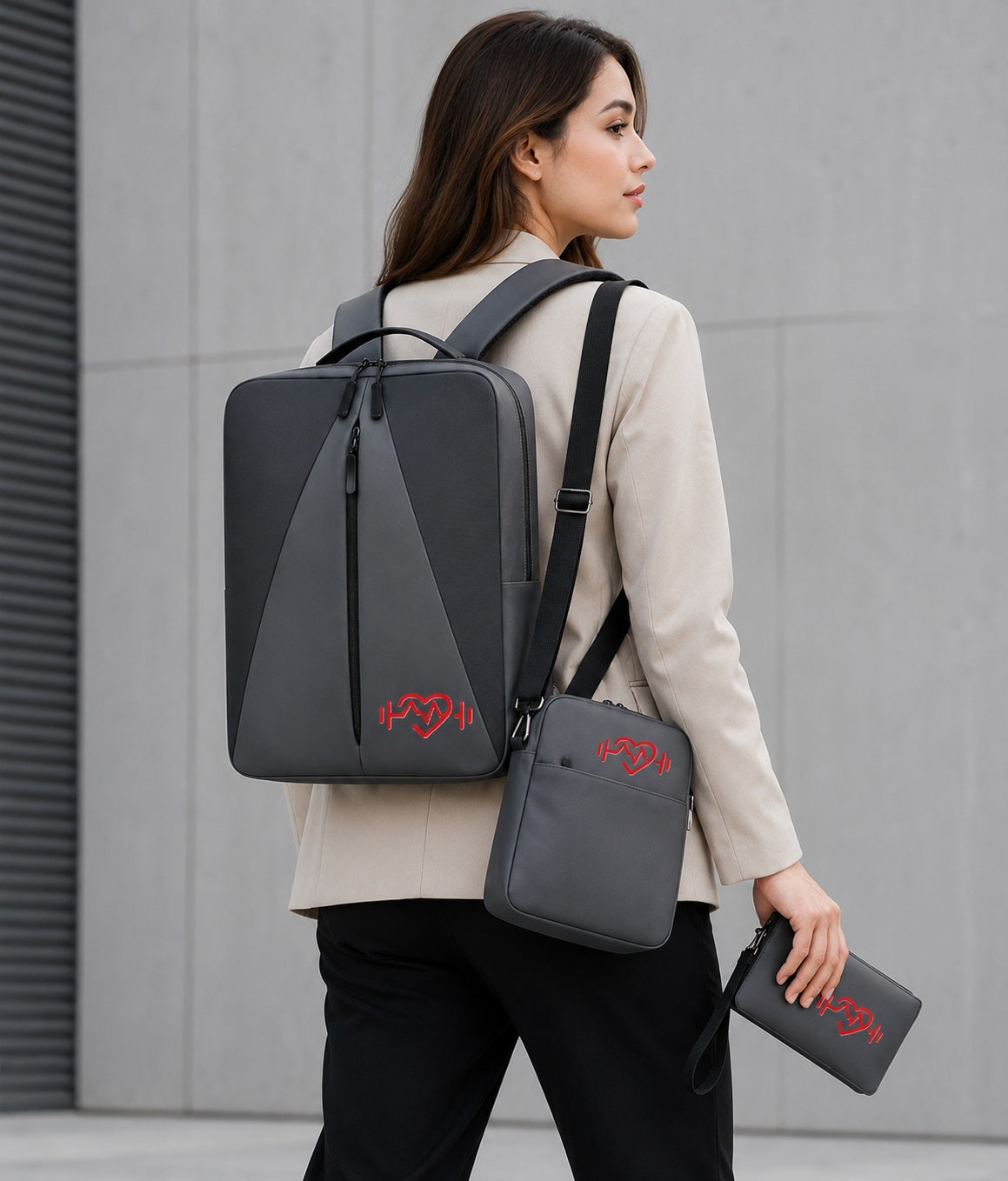 Bags: Modern Unisex Waterproof Travel & Business Backpack 3 Piece Set, Geometric Design with Laptop Compartment