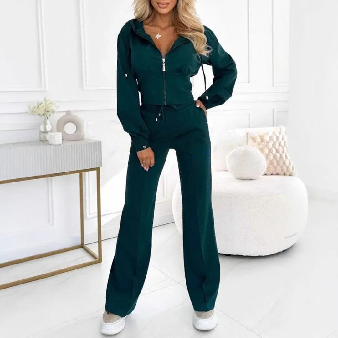 2-Piece lightweight Full Zipper Hoodie Jacket & Wide Leg Pants Set