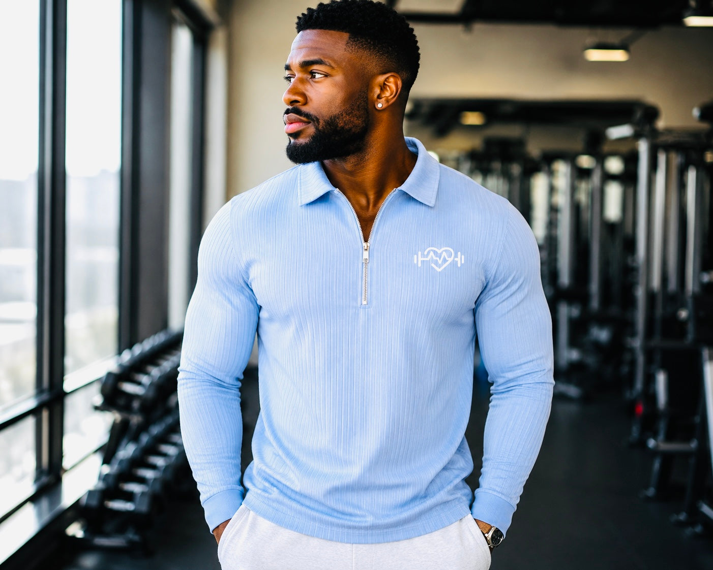 Men's: Long Sleeves Ribbed Spandex Blended Polo Shirt With 1/4 Zipper