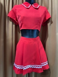 2 - Piece Solid red with white trim short sleeves top and skort