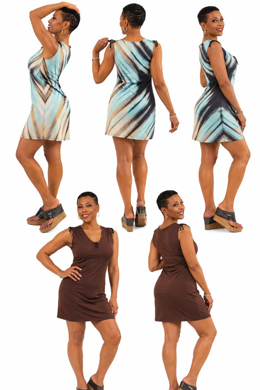 Dresses: Reversible & Adjustable V-Neck Dress in Teal Space Print/Brown