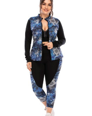 3-Piece Blue and Black Set Sports Bra, Legging, and Jacket