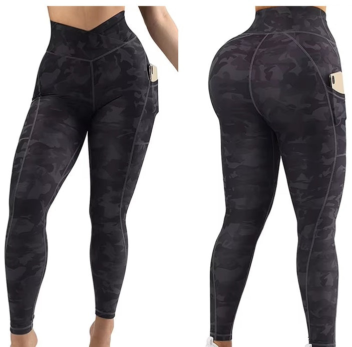 Hight Waist Tight V Shaped Cut Printed Booty Lifting Leggings with Side Pockets