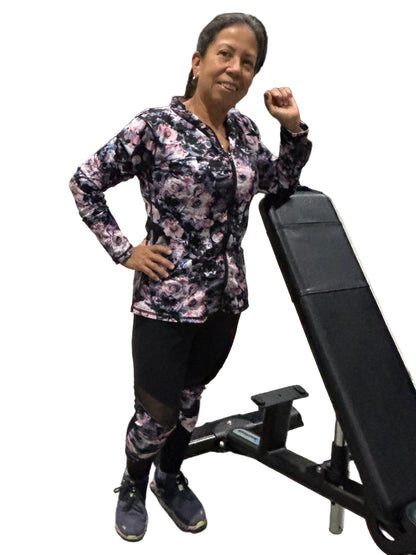 3-Piece Pink & Black Flower Set Sports Bra, Legging, and Jacket