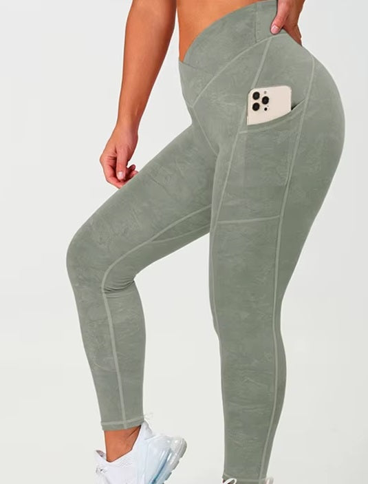 Hight Waist Tight V Shaped Cut Printed Booty Lifting Leggings with Side Pockets