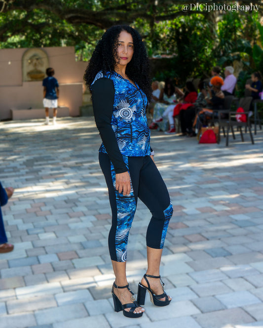 3-Piece Blue and Black Set Sports Bra, Legging, and Jacket