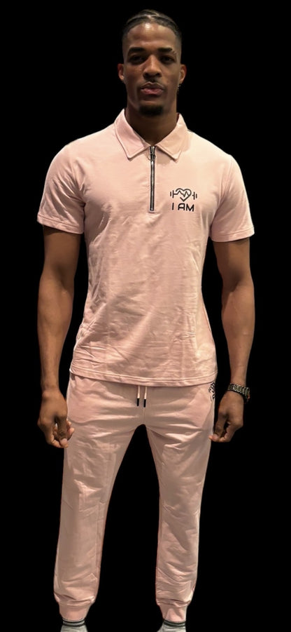 Men 2 Pieces Casual Pink Shirts and Jogger Pants Set