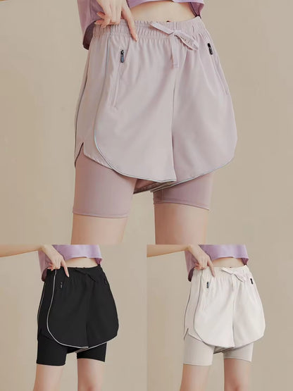 Women's 2 in 1 Compression Stretch Lined Shorts with Zipper Pocket