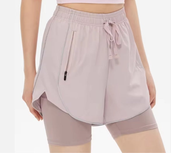 Women's 2 in 1 Compression Stretch Lined Shorts with Zipper Pocket
