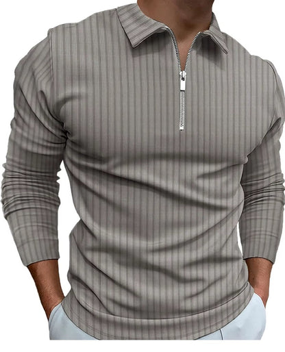 Men's: Long Sleeves Ribbed Spandex Blended Polo Shirt With 1/4 Zipper
