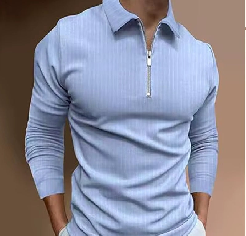 Men's: Long Sleeves Ribbed Spandex Blended Polo Shirt With 1/4 Zipper