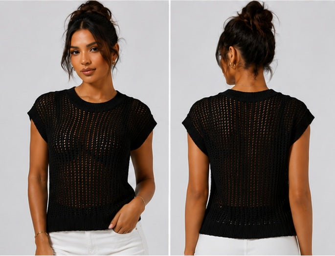 Sweaters:  Crochet Short Sleeve Cover Up