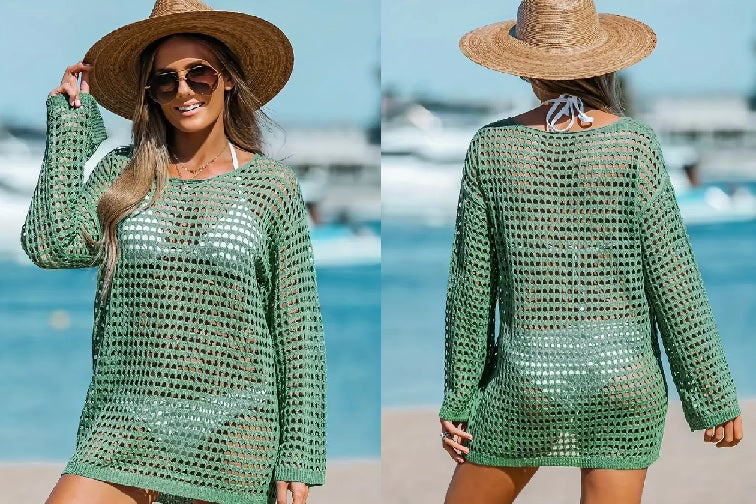 I AM Sexy Vacation Crochet Long Sleeve Cover Up Sweater I AM