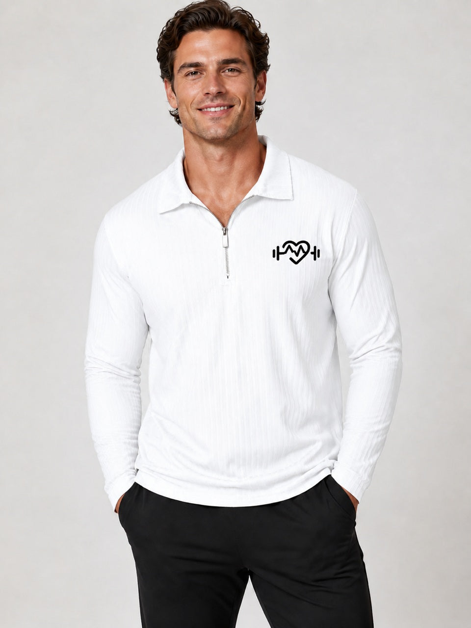 Men's: Long Sleeves Ribbed Spandex Blended Polo Shirt With 1/4 Zipper
