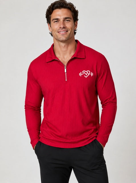 Men's: Long Sleeves Ribbed Spandex Blended Polo Shirt With 1/4 Zipper