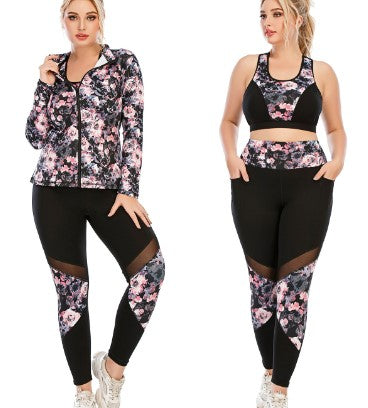 3-Piece Pink & Black Flower Set Sports Bra, Legging, and Jacket