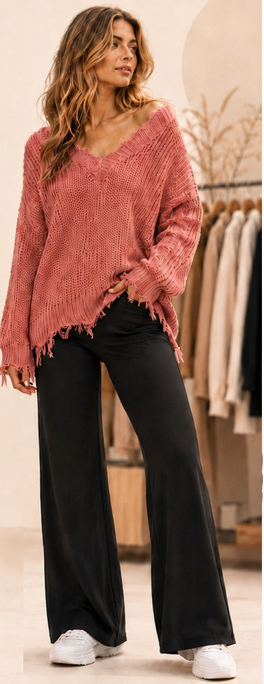 Sweaters: LONG SLEEVE V-NECK DISTRESS PULLOVER KNIT SWEATERS
