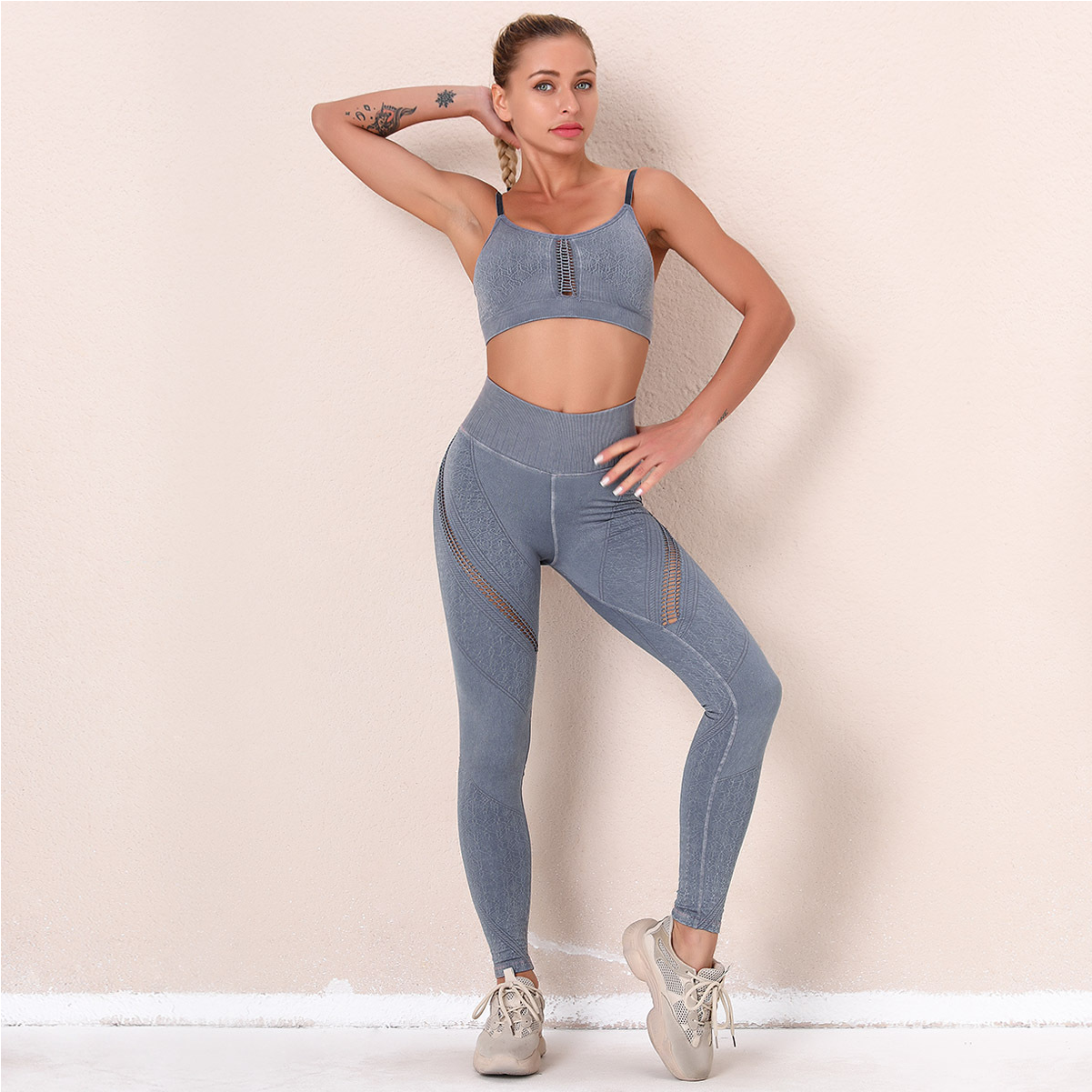 Sand Washed High-Waisted Knit Leggings and Top w-Breathable Holes - Set